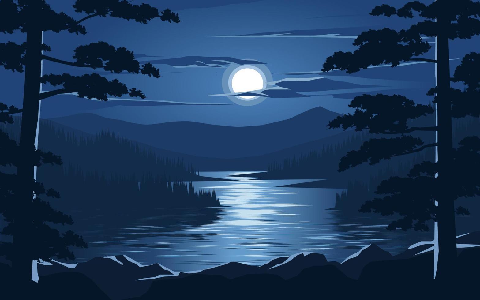 Abstract illustration of a calm evening scene with moonlight and still water representing a peaceful evening wind-down routine